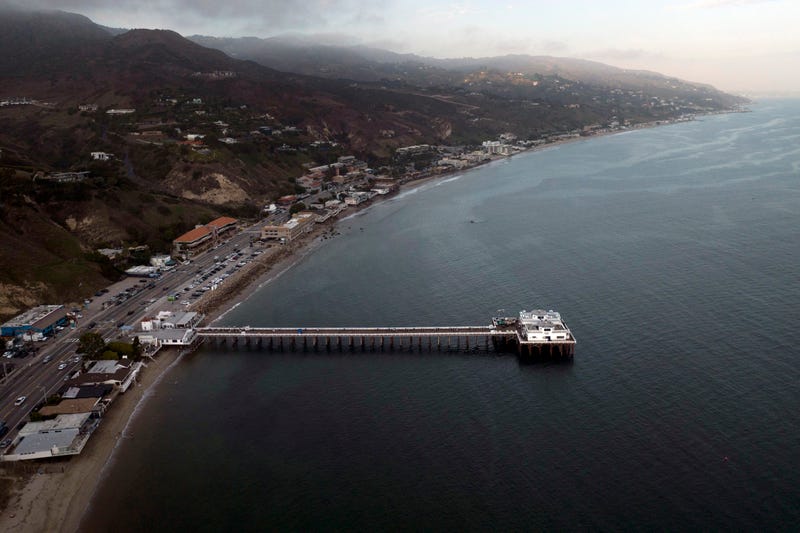 This aerial view shows the Malibu Pier in Malibu, Calif., Thursday, Aug. 31, 2023.
