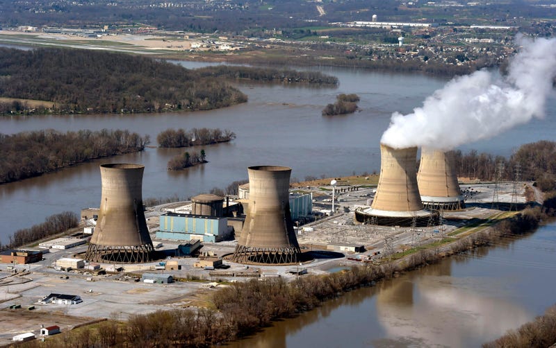 This April 18, 2018, file photo shows an aerial view of Three Mile Island, in Dauphin County, Pa. 