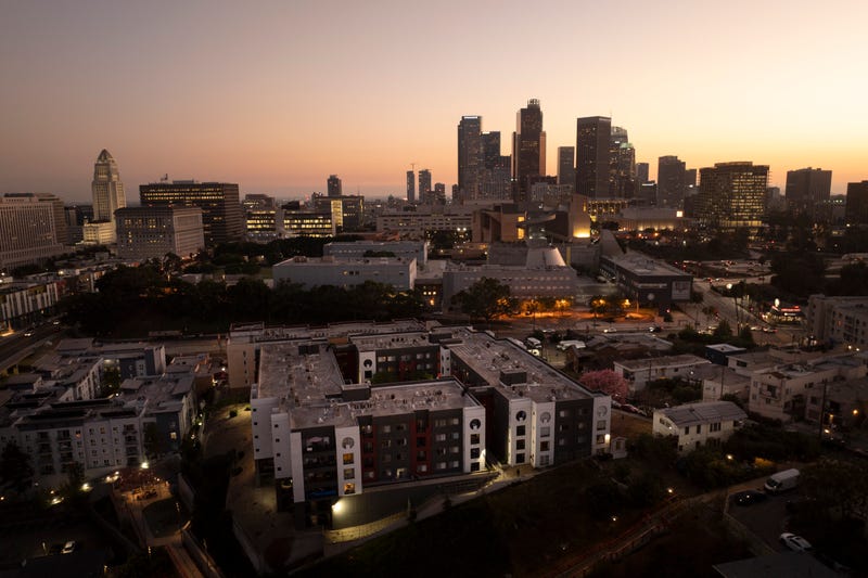 An aerial view shows Hillside Villa, bottom center, an apartment complex where Marina Maalouf is a longtime tenant, in Los Angeles, Tuesday, Oct. 1, 2024.
