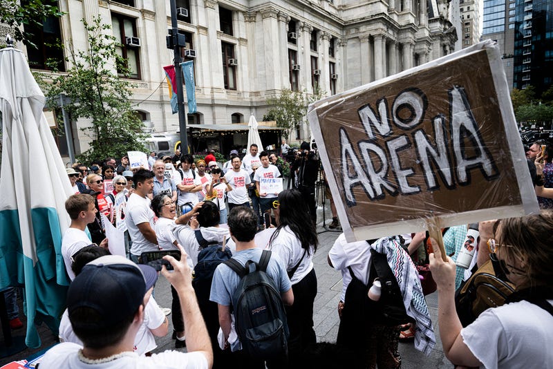 Supporters and Chinatown community leaders gather during a "No Sixers arena rally" on Wednesday, Sept. 18, 2024, outside Philadelphia City Hall in Philadelphia.