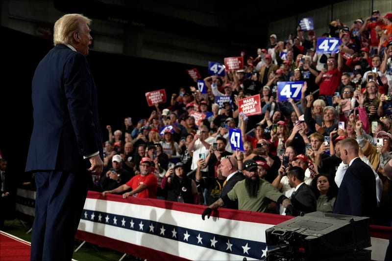 Republican presidential nominee former President Donald Trump departs after speaking at a campaign rally at Riverfront Sports, Wednesday, Oct. 9, 2024, in Scranton, Pa. 