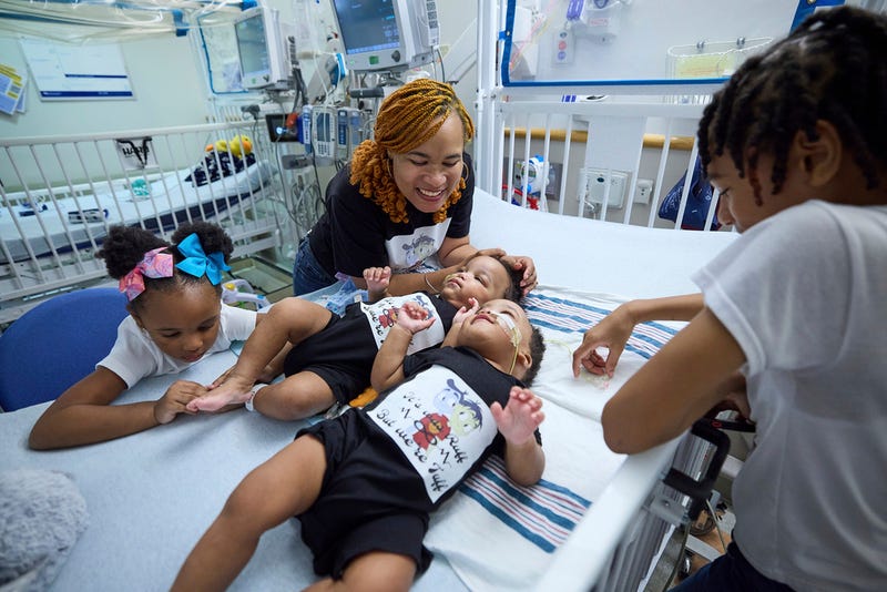 This undated photo provided by the Children’s Hospital of Philadelphia in October 2024 shows previously conjoined twins, Amari and Javar Ruffin, after separation surgery at the Children’s Hospital of Philadelphia.