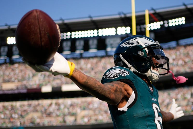 Philadelphia Eagles wide receiver DeVonta Smith celebrates after scoring a touchdown during the second half of an NFL football game against the Cleveland Browns on Sunday, Oct. 13, 2024, in Philadelphia.