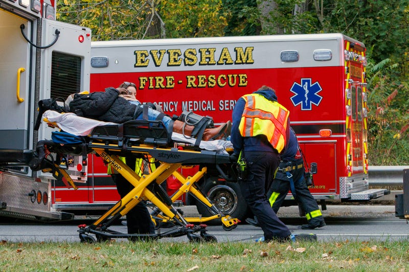 Medics attended to injured alongr Rt. 130. Train accident Mansfield Twp, NJ, New Jersey Transit Light Rail, accident, Monday, Oct. 14, 2024