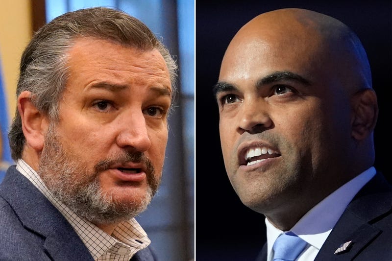 This combination of images shows from left, Sen. Ted Cruz, R-Texas, in Oklahoma City, on April 13, 2022, and Democratic opponent, Rep. Colin Allred, D-Texas, in Chicago, on Aug. 22, 2024.