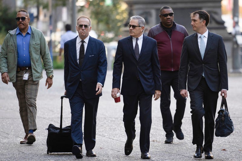 Philadelphia District Attorney Larry Krasner, third from right, arrives for a hearing at a City Hall courtroom, Thursday, Oct. 31, 2024, in Philadelphia.