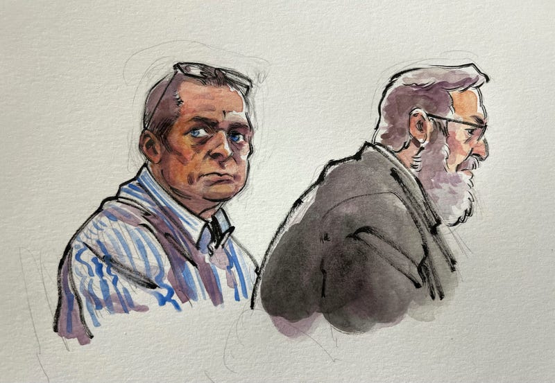In this courtroom sketch, Richard Allen, left, is seated next to one of his defense attorneys, Andrew Baldwin, inside a courtroom at the Carroll County Courthouse in Delphi, Ind. on Saturday, Nov. 2, 2024.