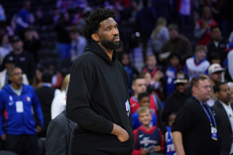 Philadelphia 76ers' Joel Embiid looks over the court after an NBA basketball game against the Memphis Grizzlies, Saturday, Nov. 2, 2024, in Philadelphia.