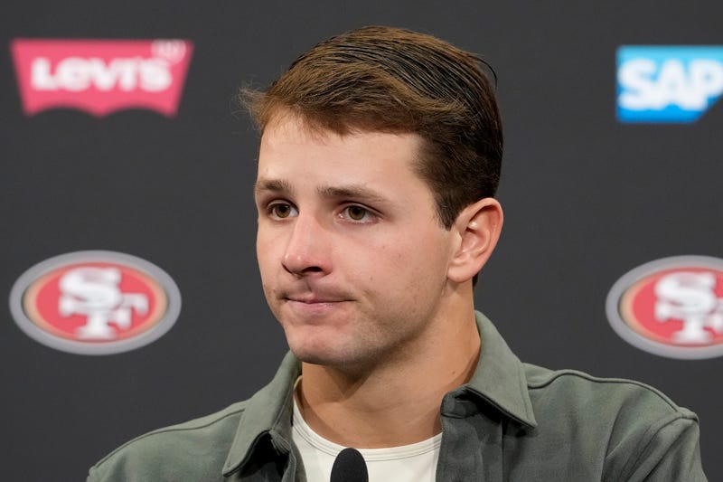 San Francisco 49ers quarterback Brock Purdy speaks at a news conference after an NFL football game against the Seattle Seahawks in Santa Clara, Calif., Sunday, Nov. 17, 2024.