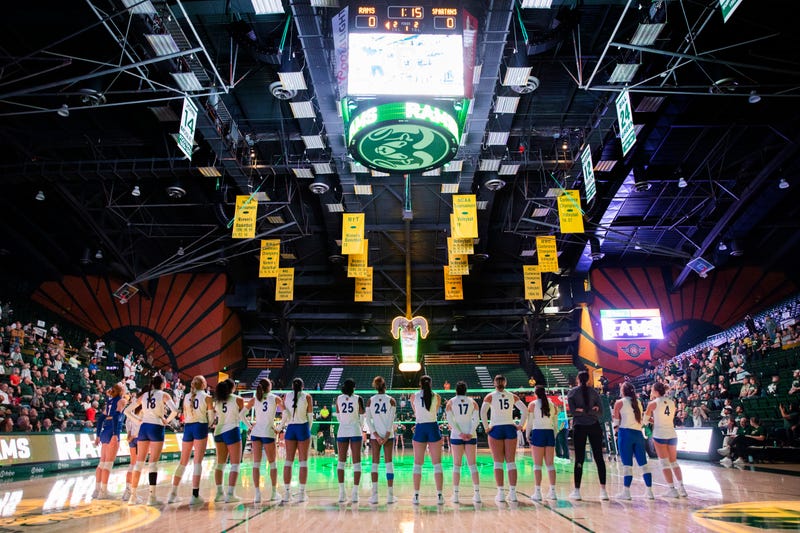FILE - The San Jose State University Spartans line up for the playing of the national anthem and player introductions for their NCAA Mountain West women's volleyball game against the Colorado State University Rams in Fort Collins, Colo., on Oct. 3, 2024.