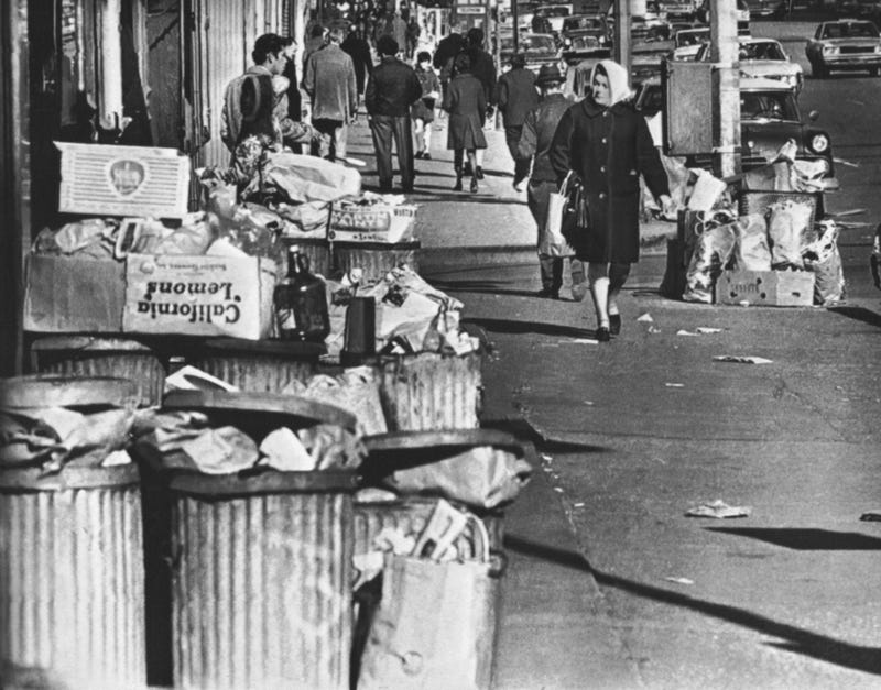 Rubbish is seen piled up in a New York City street on the third day of a strike by sanitation workers. Feb. 6, 1968