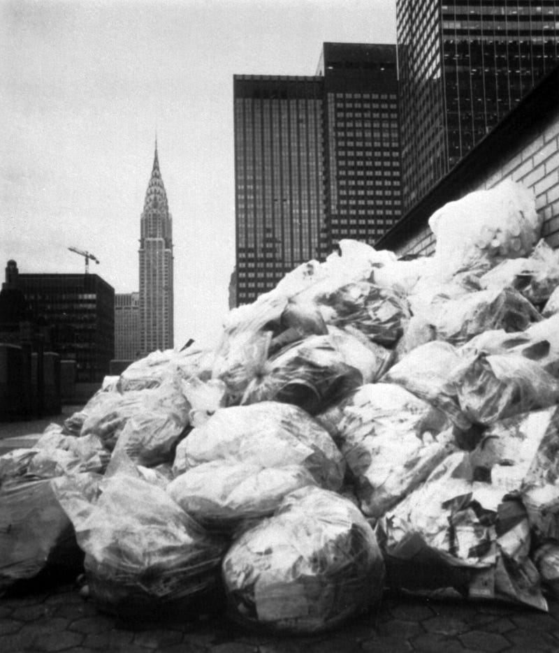 Garbage piles up on the roof of New York's Waldorf Astoria hotel during a strike by private garbage collectors, Dec. 4, 1981