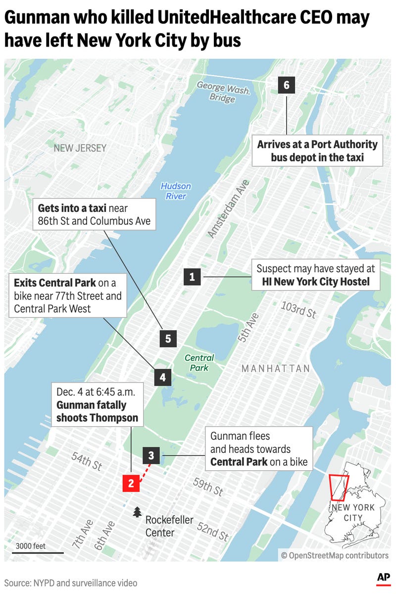 The graphic above shows the location of the UnitedHealthcare CEO shooting and escape route a suspected gunman took