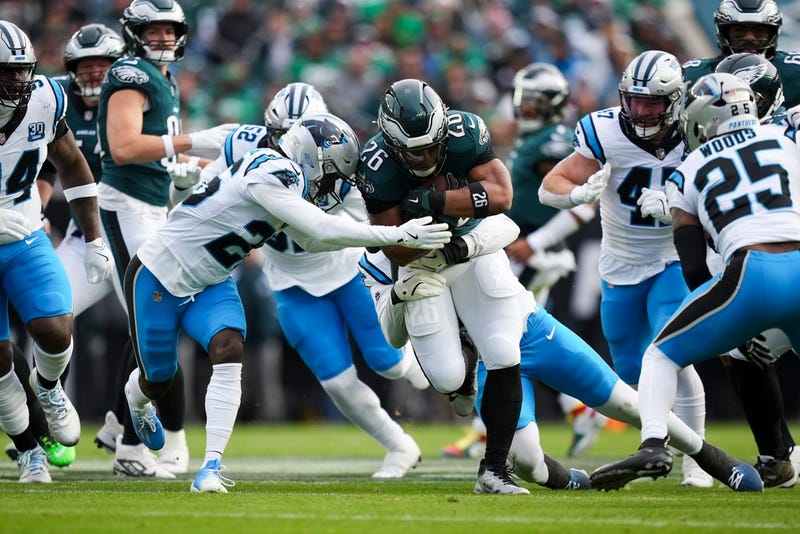 Philadelphia Eagles running back Saquon Barkley runs with the ball against the Carolina Panthers during the first quarter at Lincoln Financial Field on Sunday.
