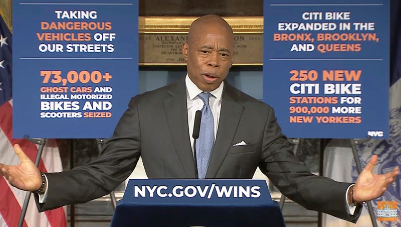This image from video by Office of the New York Mayor shows Mayor Eric Adams during a news conference at City Hall, Monday, Dec. 16, 2024.