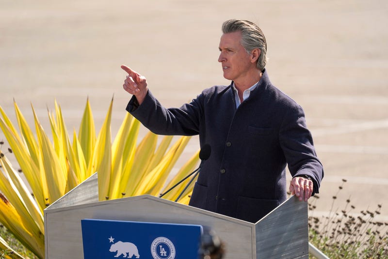 California Gov. Gavin Newsom holds a news conference at Dodger Stadium to announce a new private-sector initiative called LA Rises aimed to support rebuilding efforts after the devastating wildfires in Los Angeles, Tuesday, Jan. 28, 2025.