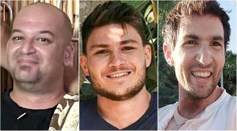 This combination of images provided by Hostages Family Forum shows Iair Horn, Alexander (Sasha) Troufanov and Sagui Dekel-Chen