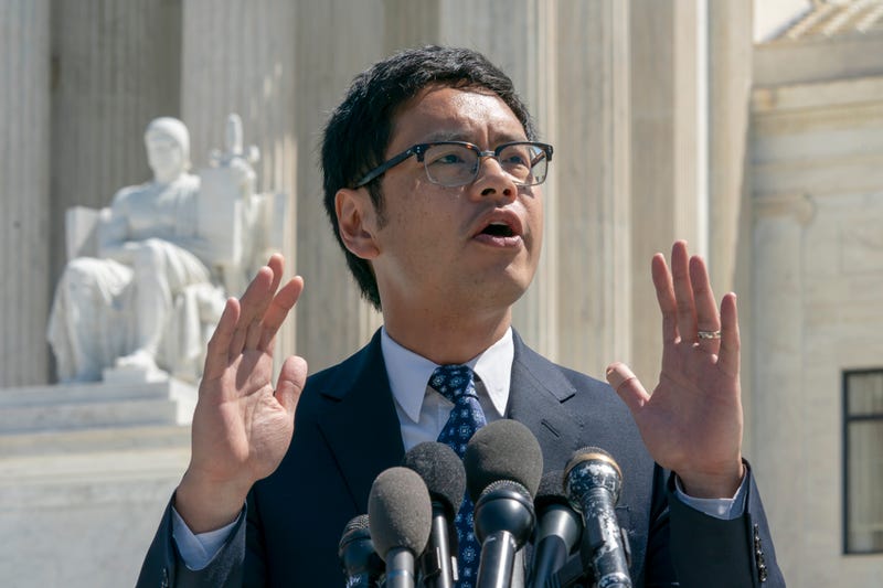 Dale Ho, an attorney for the American Civil Liberties Union, speaks to reporters after he argued before the Supreme Court against the Trump administration's plan to ask about citizenship on the 2020 census, in Washington, April 23, 2019