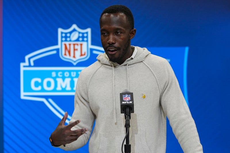 Minnesota Vikings general manager Kwesi Adofo-Mensah speaks during a press conference at the NFL football scouting combine in Indianapolis, Tuesday, Feb. 25, 2025. 