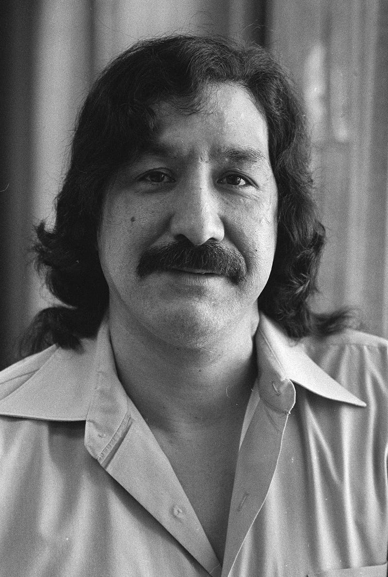 Native American activist Leonard Peltier sits for a portrait in prison in February 1986.