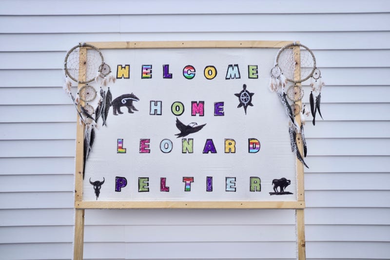 A “Welcome Home” sign is displayed for Leonard Peltier in Belcourt, N.D, on Tuesday, Feb. 25, 2025.