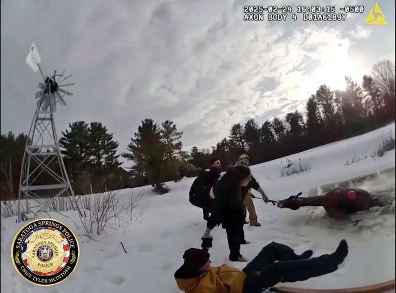 This image from body cam video, provided by Saratoga Springs Police, shows the rescue of Sly, a 1,300-pound horse that fell through ice of a pond in Saratoga Springs, N.Y., Monday, Feb. 24, 2025