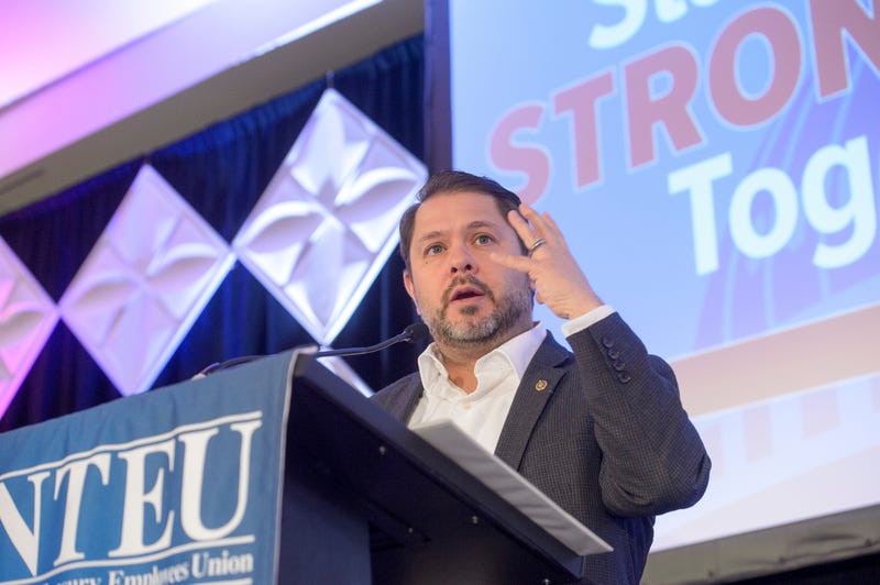 Sen. Ruben Gallego, D-AZ., speaks during the opening session of the National Treasury Employees Union (NTEU) Legislative Conference at the Hilton Washington DC National Mall The Wharf, Tuesday, March 4, 2025, in Washington