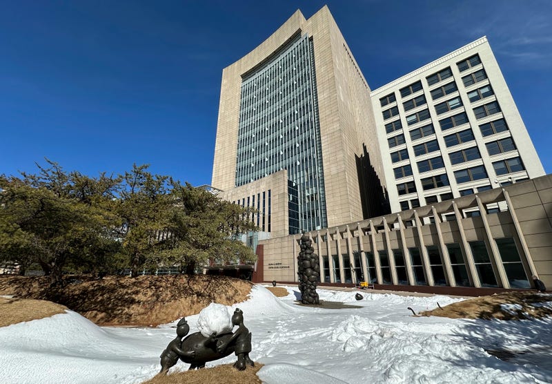 The plaza outside the Diana E. Murphy United States Courthouse in Minneapolis is shown covered in snow on Friday, March 7, 2025.