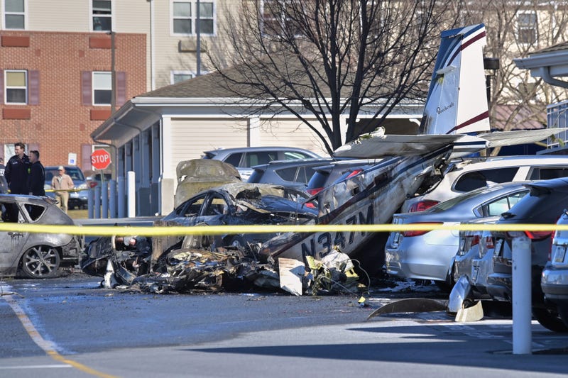 First responders work the scene after a plane crashed in the parking lot of a retirement community in Manheim Township, Pa., on March 9, 2025.