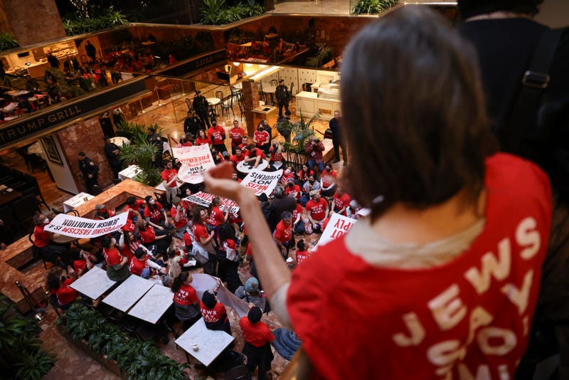 Demonstrators from the group, Jewish Voice for Peace, protest inside Trump Tower in support of Columbia graduate student Mahmoud Khalil, Thursday, March 13, 2025, in New York
