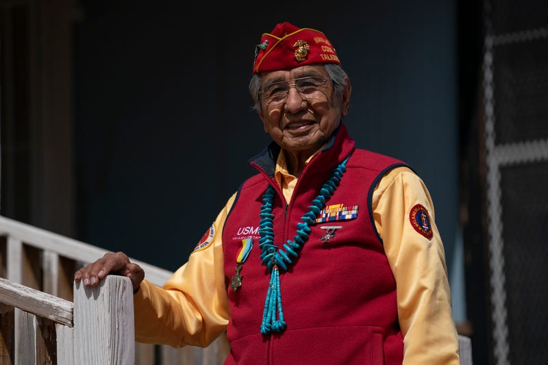 FILE - WWII veteran and Navajo Code Talker Peter MacDonald Sr. is photographed at his home on the Navajo reservation in Tuba City, Ariz., April 28, 2020.