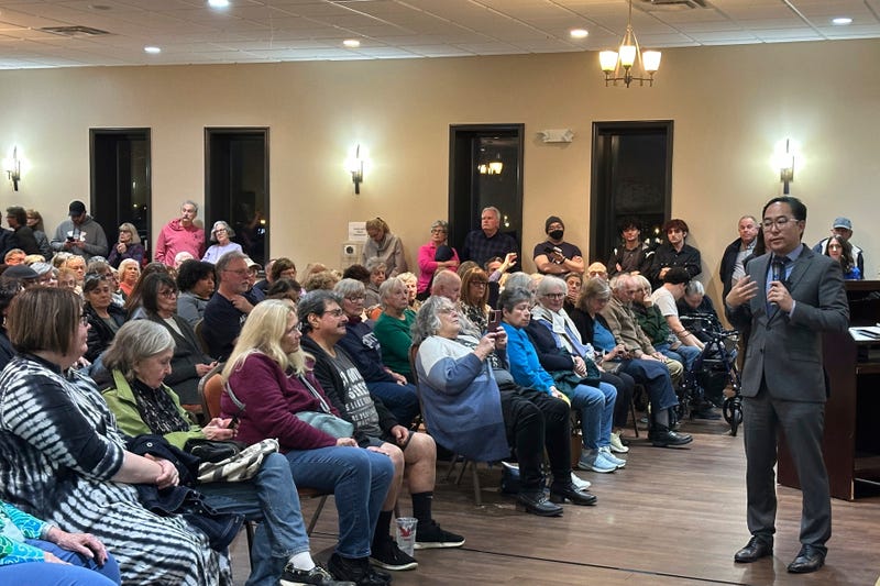 New Jersey Democratic Sen. Andy Kim speaks at a town hall held in a Republican congressional district, Egg Harbor City, N.J., Thursday, March 20, 2025.