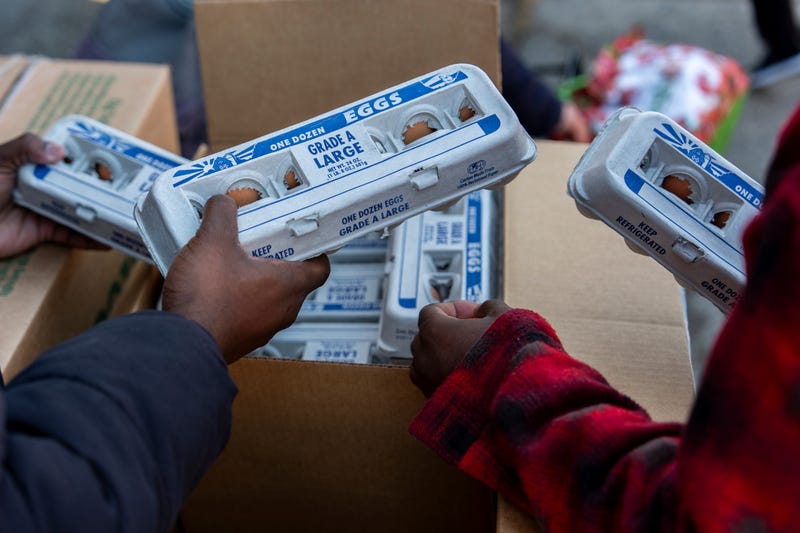 Abou Sow hands out cartons of eggs to people waiting in line to receive free eggs from FarmerJawn Agriculture, Friday, March 21, 2025, in the Harlem neighborhood of New York.