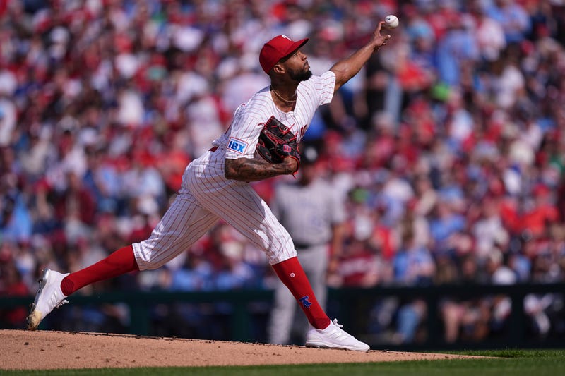 Philadelphia Phillies' Cristopher Sánchez pitches during the second inning of the team's home-opener baseball game against the Colorado Rockies, Monday, March 31, 2025, in Philadelphia.