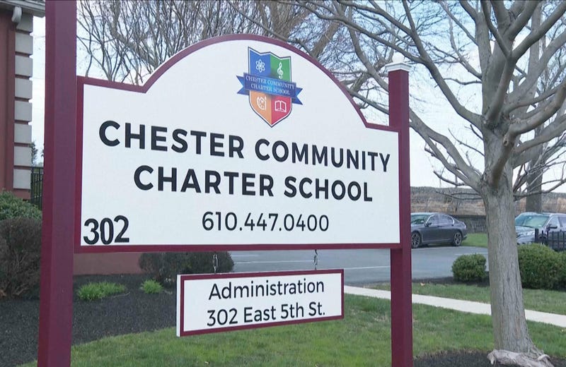 A sign stands outside the Chester Community Charter School on Monday, March 31, 2025, in Chester, Pa.