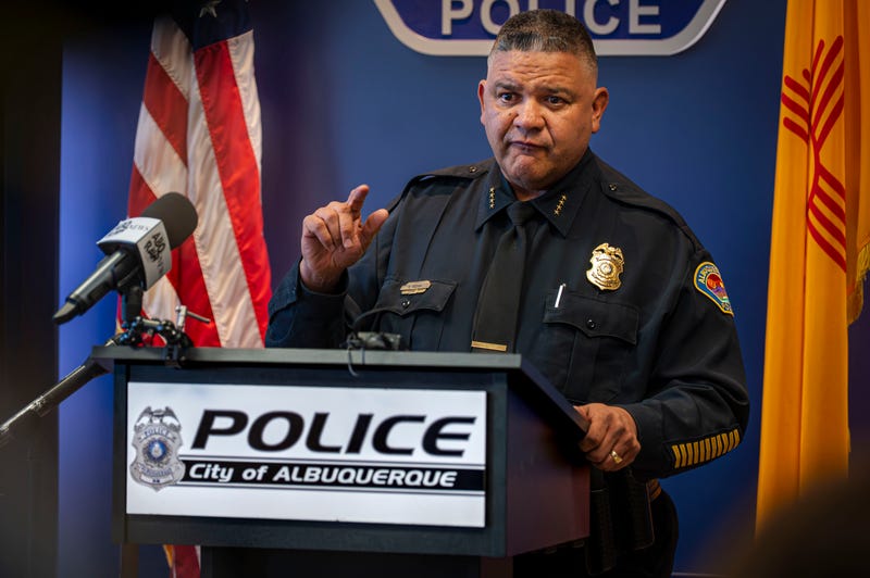 Albuquerque Police Chief Harold Medina speaks at a press conference addressing the National Guard being deployed to help the Albuquerque police in Albuquerque, N.M., Tuesday, April 8, 2025.