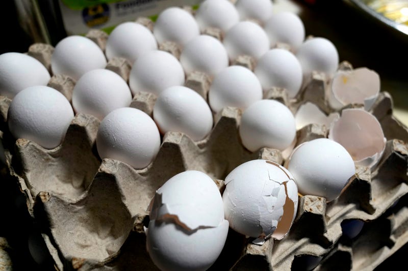 A carton of eggs sit on a counter in the kitchen inside of 5 Rabanitos restaurant in Chicago, Feb. 16, 2025.
