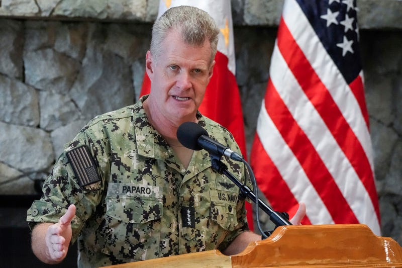 FILE - U.S. Indo-Pacific Command Commander, Admiral Samuel Paparo, gestures during a press conference at the Philippine Military Academy in Baguio, northern Philippines, Aug. 29, 2024.