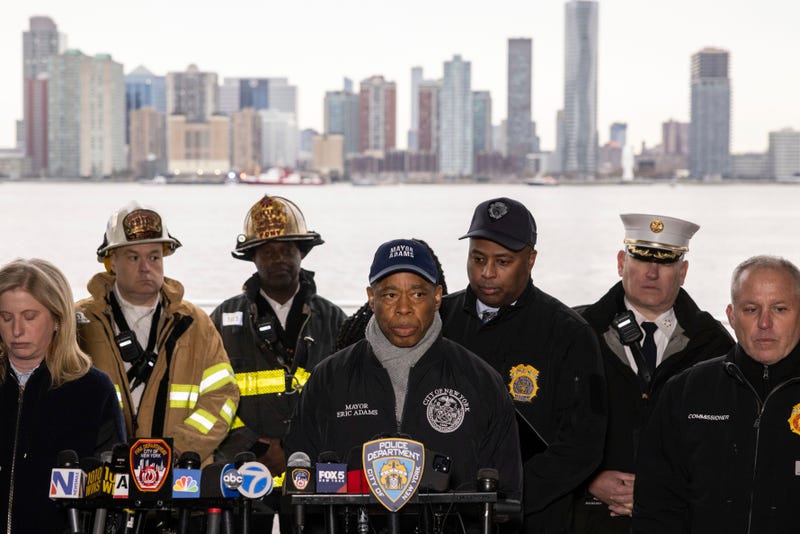 Mayor Eric Adams speaks during a press conference at Pier 40, where a helicopter went down in the Hudson River between Manhattan and the New Jersey waterfront, Thursday, April 10, 2025, in New York
