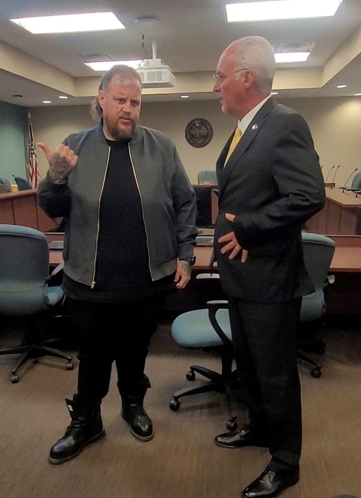 Davidson County Sheriff's Office shows singer Jelly Roll with Nashville Sheriff Daron Hall at his Tennessee Board of Parole hearing on Tuesday, April 22, 2025 in Nashville, Tenn.