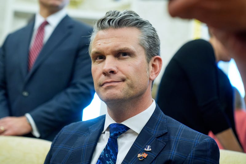 Secretary of Defense Pete Hegseth listens as President Donald Trump meets with Norwegian Prime Minister Jonas Gahr Støre during a bilateral meeting in the Oval Office of the White House, Thursday, April 24, 2025, in Washington