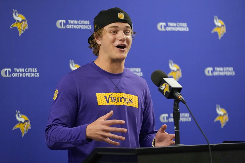 Minnesota Vikings quarterback J.J. McCarthy (9) answers questions during an NFL football press conference Tuesday, April 29, 2025 in Eagan, Minn.
