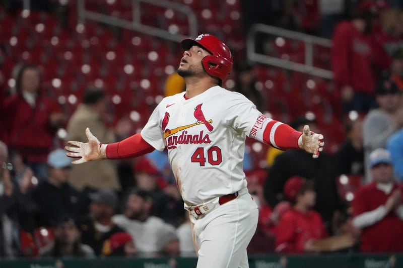 St. Louis Cardinals' Willson Contreras celebrates after hitting a two-run home run during the sixth inning of a baseball game against the Pittsburgh Pirates Monday, May 5, 2025, in St. Louis