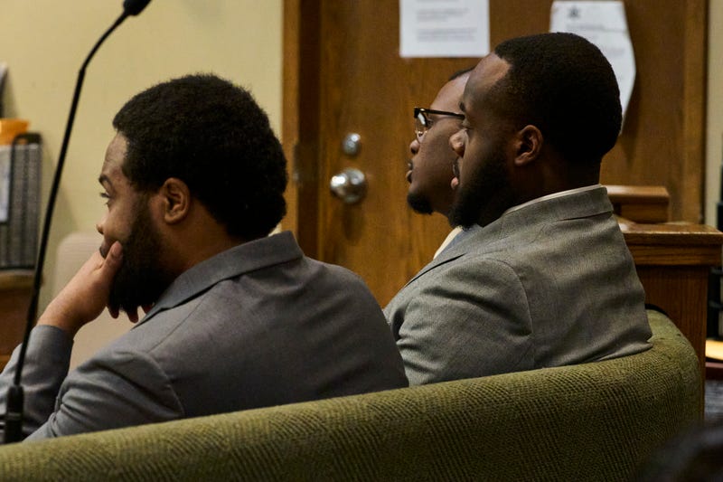 Demetrius Haley, left, Tadarrius Bean, and Justin Smith, Jr., rear, three former Memphis Police Department officers charged with fatally beating Tyre Nichols in 2023, sit in the courtroom during their trial, Tuesday, May 6, 2025, in Memphis, Tenn. 