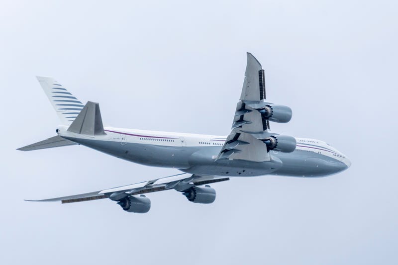 A 13-year-old private Boeing aircraft that President Donald Trump toured on Saturday to check out new hardware and technology features, and highlight the aircraft maker's delay in delivering updated versions of the Air Force One presidential aircraft, takes off from Palm Beach International Airport, Feb. 16, 2025, in West Palm Beach, Fla.