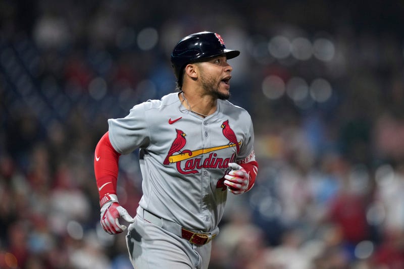 St. Louis Cardinals' Willson Contreras reacts after hitting an RBI-sacrifice fly against Philadelphia Phillies pitcher Taijuan Walker during the eighth inning in the second baseball game of a doubleheader Wednesday, May 14, 2025, in Philadelphia.