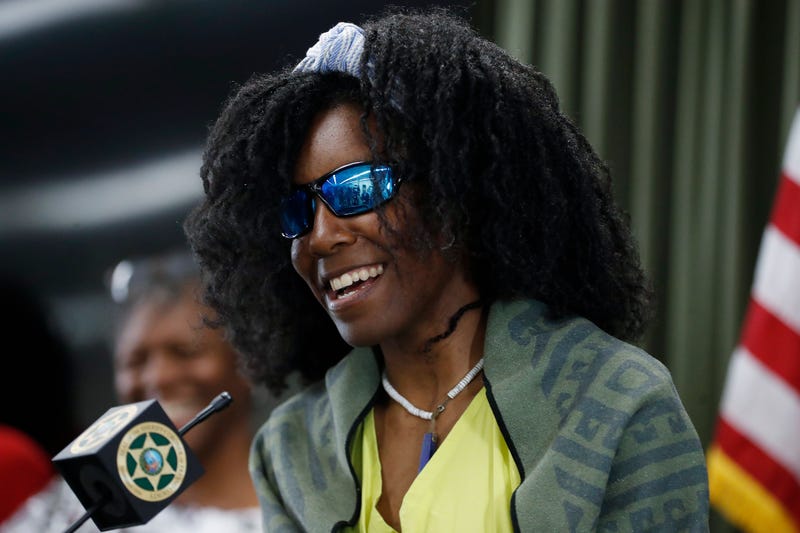 Tiffany Slaton, a hiker found in the High Sierra after going missing for three weeks, speaks during a press conference, Friday, May 16, 2025 in Fresno, Calif.