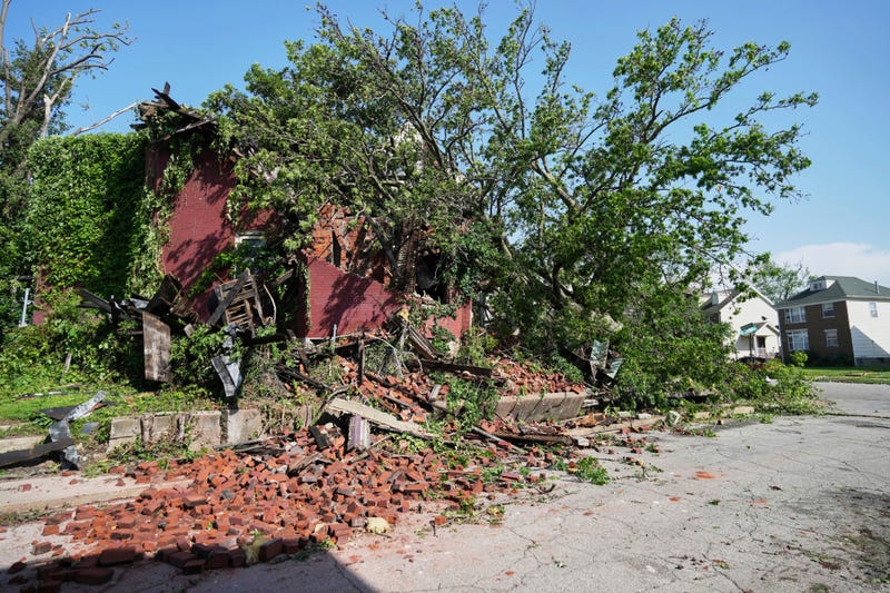 Debris is seen after a severe storm moved through Friday, May 16, 2025, in St. Louis.