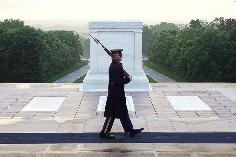 Army Sgt. 1st Class Andrew Jay patrols the Tomb of the Unknown Soldier, Thursday, May 15, 2025, at Arlington National Cemetery in Arlington, Va.