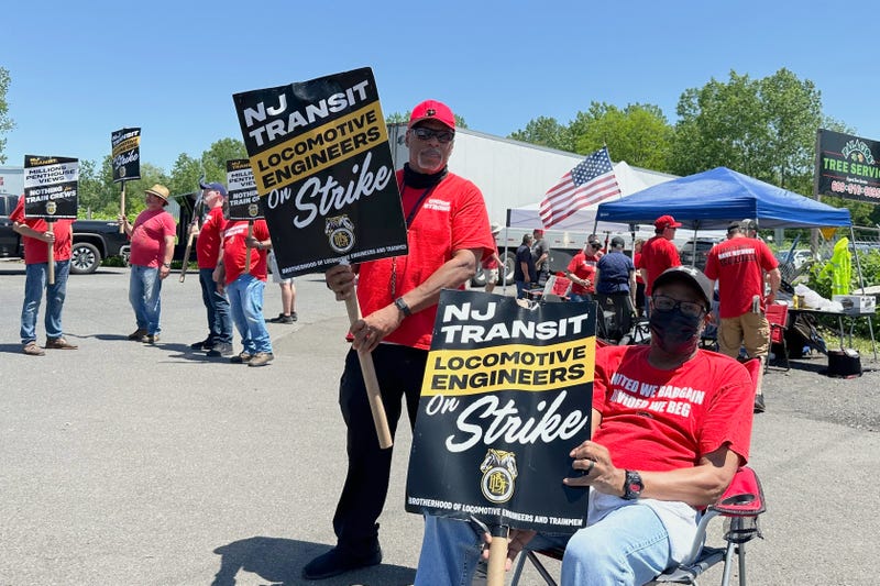 Members of the New Jersey Transit locomotive engineers union striking picket outside a rail yard in Morrisville, Pa., on May 17, 2025.